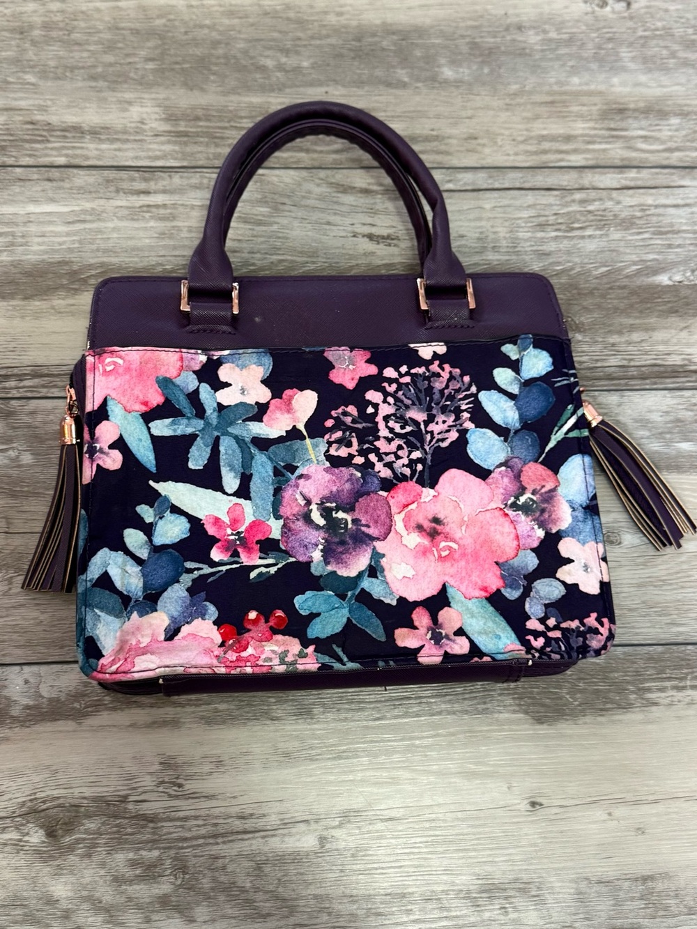 Floral 'Blessed' Purple Top-Handle Bible Bag w/ Keychain - Picture 2 of 3
